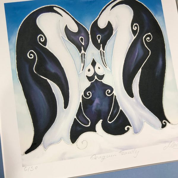 Loving Penguin Family Signed Print - Penguins with Baby - Blue Penguin Bathroom Art