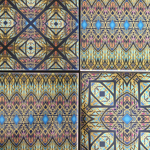 Cathedral Windows Mixed Tiles Set - Blue Purple Green Gold Tiles - Beautiful Bohemian Tiles