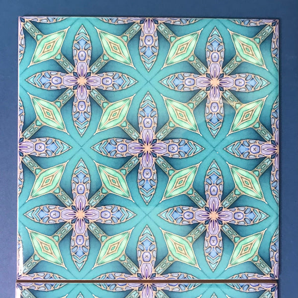 Arts and Crafts Style Aqua Green Turquoise Lilac Fretwork Petal Cross Tiles - Beautiful Green Turquoise Tiles - Bohemian Ceramic printed  Tiles