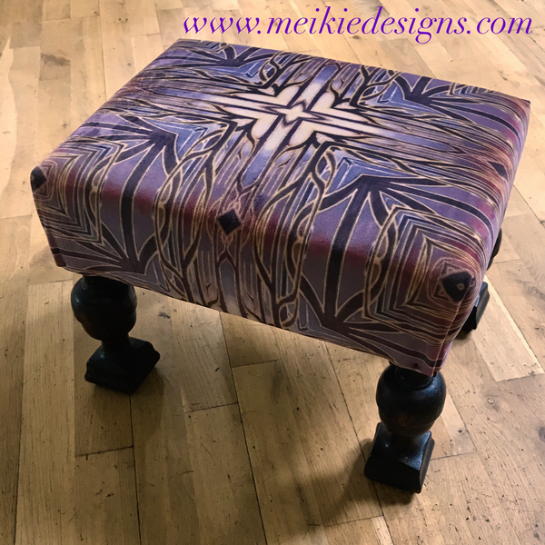 SOLD Stunning Cathedral Window Round Footstool with storage - one off Bespoke Upholstery.