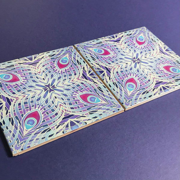 Lavender Peacock Feathers Tiles - Blue Lilac Tiles  - Bohemian Nouveau Ceramic Hand Printed Tiles