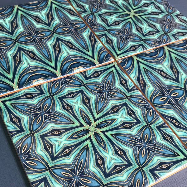 Mixed Set of Blue Teal Geometric Fusion Tiles -  Ceramic Hand Printed Bathroom Kitchen Tiles