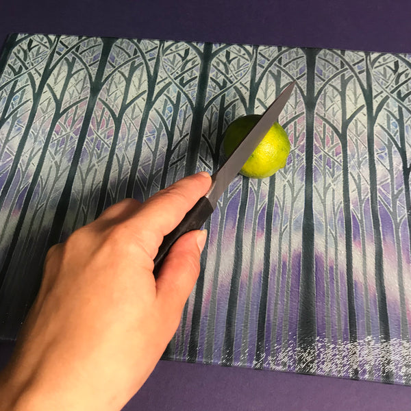 Charcoal Purple Misty Trees Table Mats - Tall Trees Place Mats - Cloisters Chopping Boards