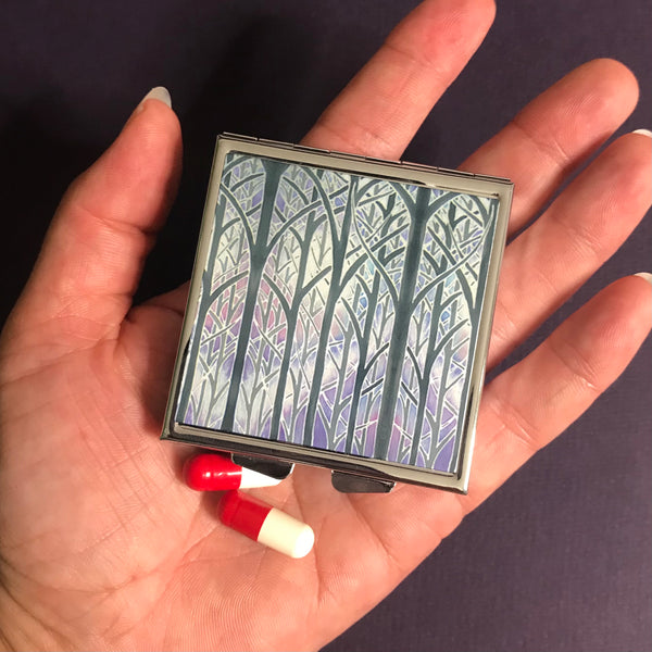 Purple and Lilac Grey Forest Trees Large Pill Box - Stud Earing Jewellery Box