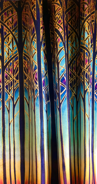 Turquoise Blue Red Purple Yellow and Gold Designer Velvet Curtain Fabric, Cathedral Trees, Order by Drop Length Needed