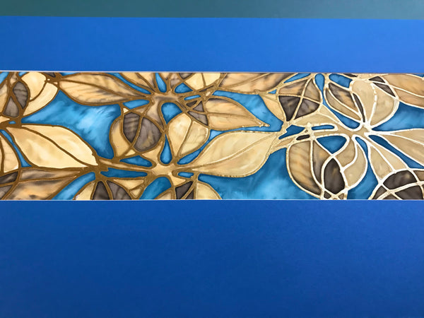 Beech Leaves Original Silk Painting -   Blue Caramel Gold Hand-Painted Silk Art -