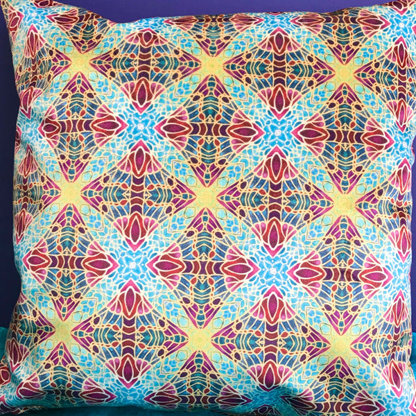 Teal Green & Red Diamond Repeat Pattern Kaleidoscope Cushions in Luxury Velvet