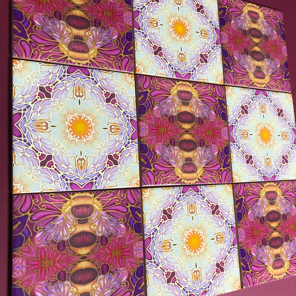 Bees and Daisy Flowers Mixed Tiles Set - Plum Purple Gold Tiles - Beautiful Tile - Bohemian Tiles