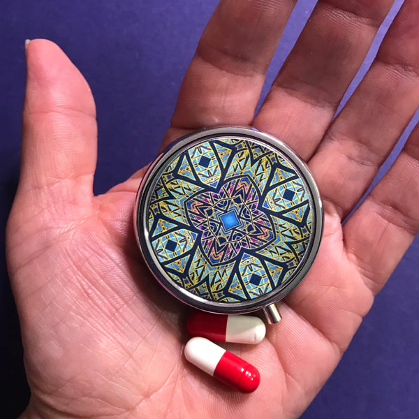 Contemporary Rose Window Pill Box - Bold Stained Glass Style Blue Round Box - Stud Earing Jewellery Box