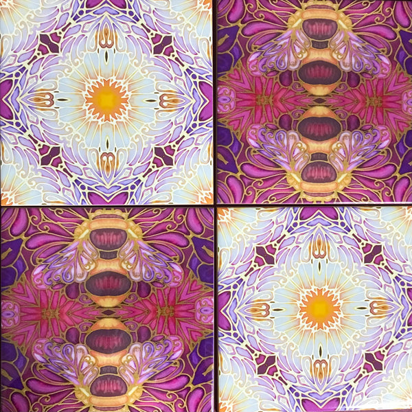 Bees and Daisy Flowers Mixed Tiles Set - Plum Purple Gold Tiles - Beautiful Tile - Bohemian Tiles