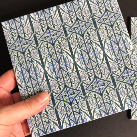 Contemporary Charcoal and Pale Blue Woven Trees Ceramic Tiles -  Ceramic Hand Printed Tiles