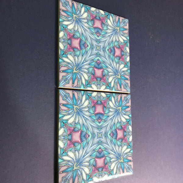 Indian Exotic Flower Tiles - Lilac Blue Turquoise Bohemian Ceramic Printed Tiles