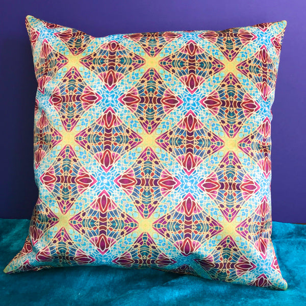 Teal Green & Red Diamond Repeat Pattern Kaleidoscope Cushions in Luxury Velvet