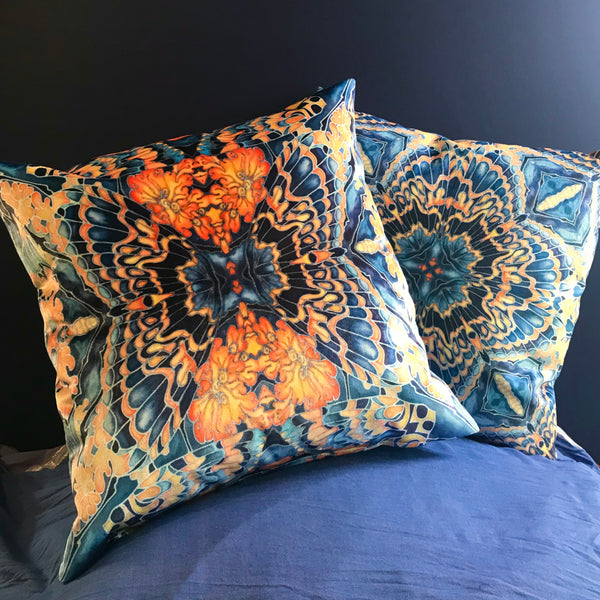 Contemporary Grey Blue Orange Velvet Cushions - Dramatic Moth Design Luxury Velvet Cushions