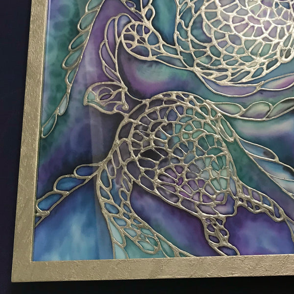 Blue Grey Turtles Original Silk Painting - blue turquoises  green Original Art