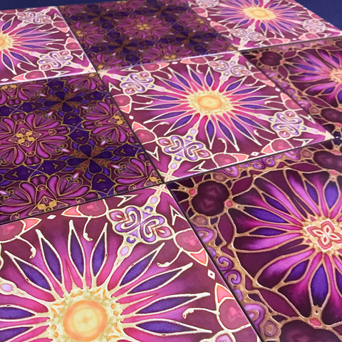 Plum Blooms Mixed Tiles Set - Plum Purple Gold Tiles - Beautiful Tile - Bohemian Tiles