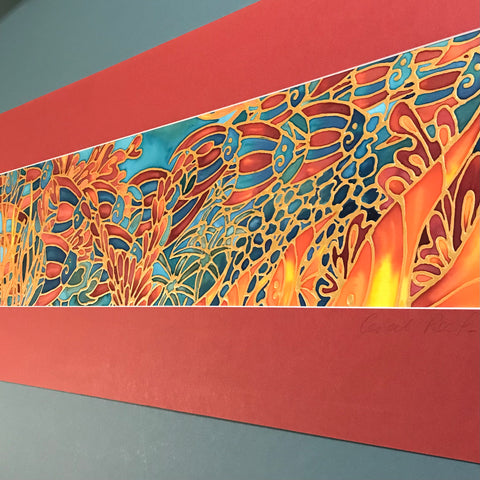 Vibrant Tropical Fish Coral Reef Original Silk Painting - Bold Red Orange Gold Hand-Painted Silk Art