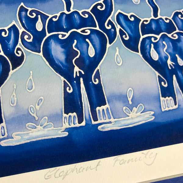 Fun Elephant Print - Deep Blue Elephant Family Art Print - Baby Elephant Print - Wildlife Art