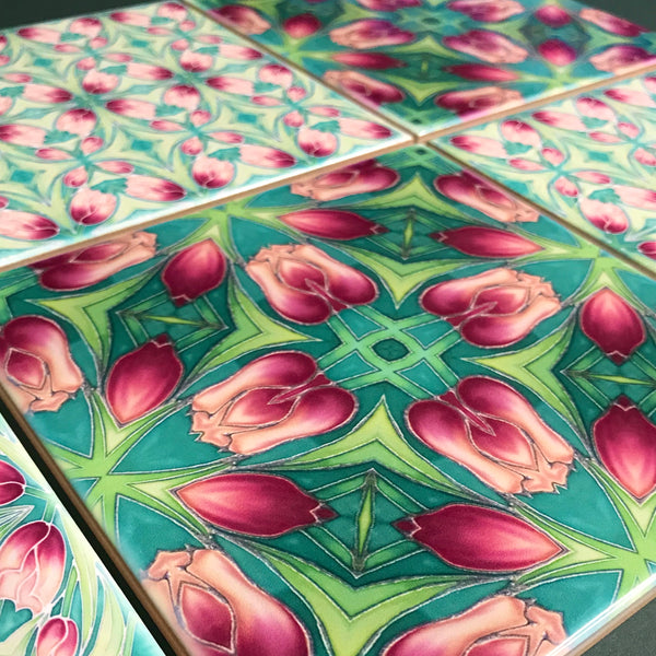 Pink Tulip Mixed Set of Bathroom Tiles - Arts and Crafts Look Bright Bohemian Kitchen Tiles