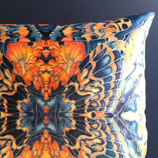 Contemporary Grey Blue Orange Velvet Cushions - Dramatic Moth Design Luxury Velvet Cushions