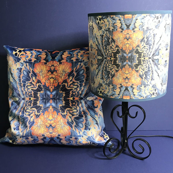 Contemporary Grey Blue Orange Butterfly Moth Lamp shade for table lamp- Butterfly Moth Drum Shade - Atmospheric lamp Shade