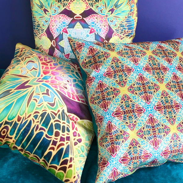 Teal Green & Red Diamond Repeat Pattern Kaleidoscope Cushions in Luxury Velvet