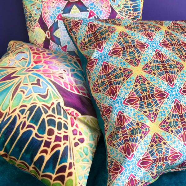 Teal Green & Red Diamond Repeat Pattern Kaleidoscope Cushions in Luxury Velvet