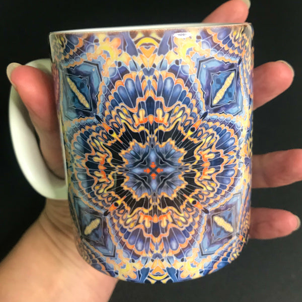 Gorgeous Orange Grey Blue Kaleidoscope Mug and Coaster box set only - Contemporary Mug Set - Grey Blue Orange Mug Gift