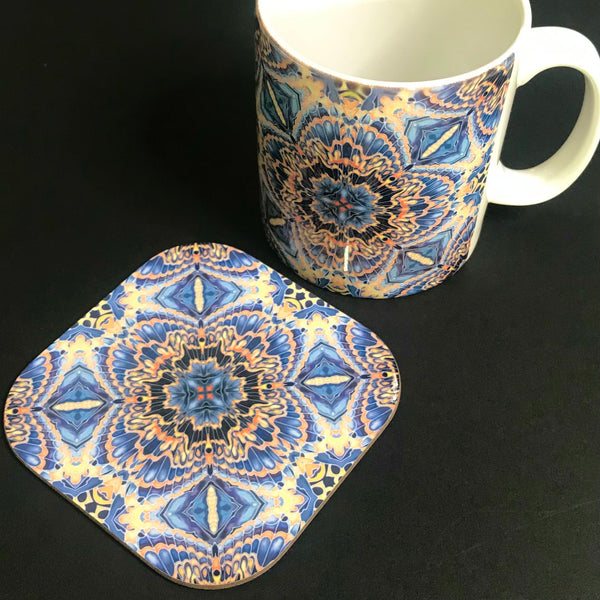 Gorgeous Orange Grey Blue Kaleidoscope Mug and Coaster box set only - Contemporary Mug Set - Grey Blue Orange Mug Gift