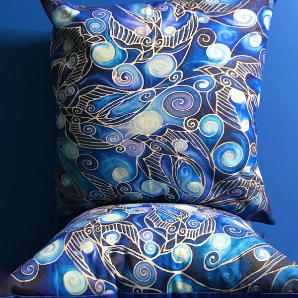 Swallows cushion - printed onto suedette fabric - blue navy and prussian blue colours