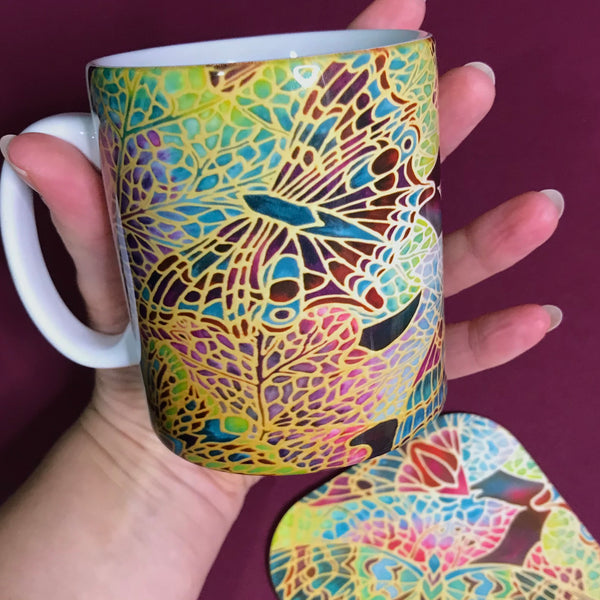 Red Green Mosaic Butterfly Mug and Coaster - Butterfly Mug Box Set