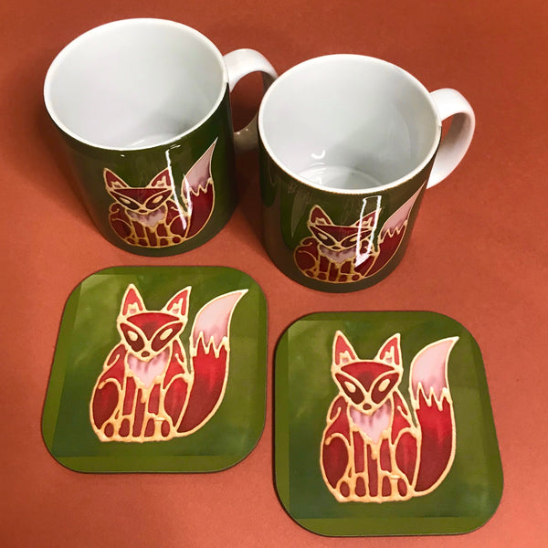 Cute Fox Mug & Coaster - Fox Mug Box Set - Green Red Fox Mug - Fox Lovers Mug Gift