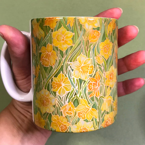 Yellow Daffodils mug - Mug and coaster box set -  Tea or Coffee Flower Mug In Yellow and Green - Mug Gift Set