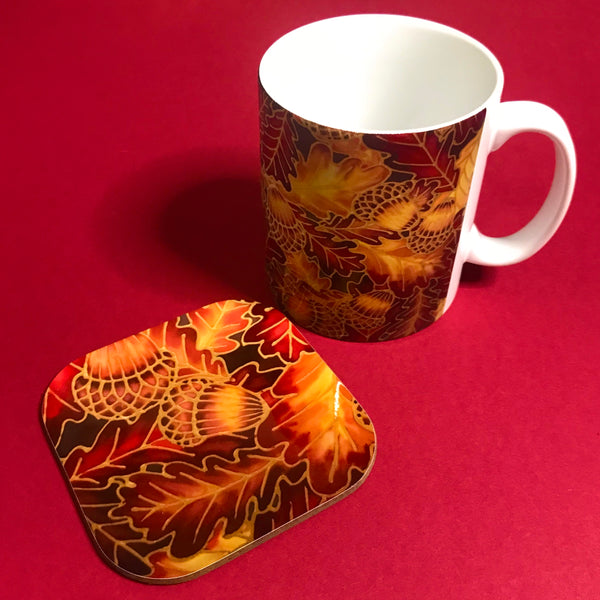 Autumnal Oak Leaves and Acorns Mug - Mug and Coaster Box Set - Red Mug Set - Leaves Mug Gift