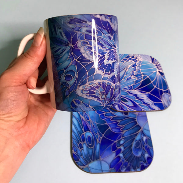 Blue Butterfly Mug and Coaster - Butterfly Mug Box Set - colours