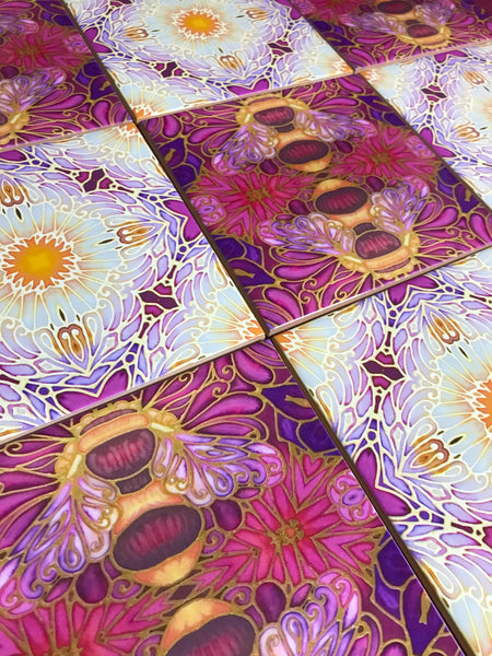 Bees and Daisy Flowers Mixed Tiles Set - Plum Purple Gold Tiles - Beautiful Tile - Bohemian Tiles