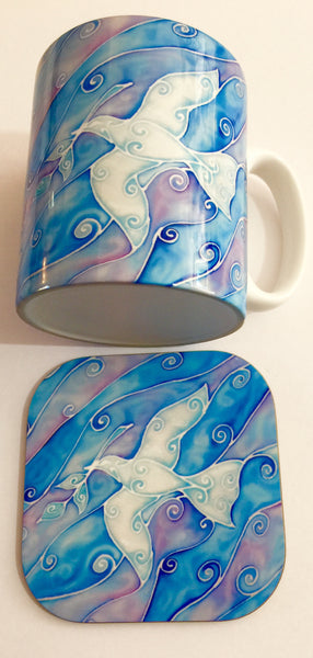 Peace Dove Mug and Coaster - White and Blue Mug Set - Dove of Peace Mug Gift