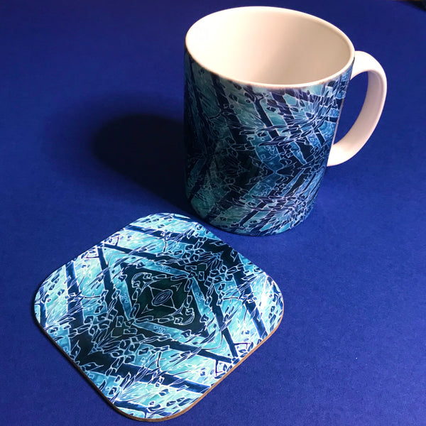 Blue Diamond Forest Mug and Coaster Box Set -  Blue Teal Turquoise Mug