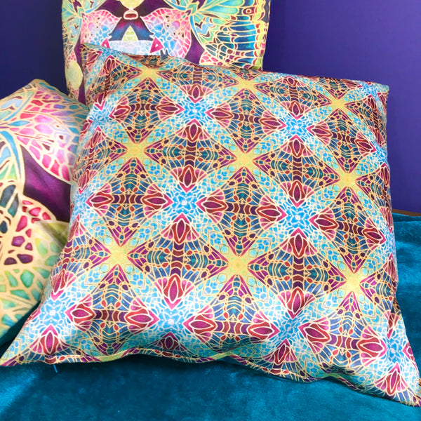 Teal Green & Red Diamond Repeat Pattern Kaleidoscope Cushions in Luxury Velvet