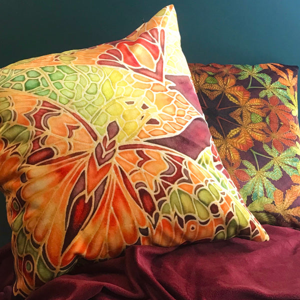 Terracotta Caramel and Moss Green Luxurious Velvet Butterfly Cushion - Green Rust Butterflies pillow