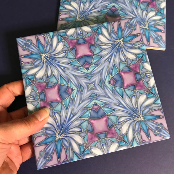 Indian Exotic Flower Tiles - Lilac Blue Turquoise Bohemian Ceramic Printed Tiles