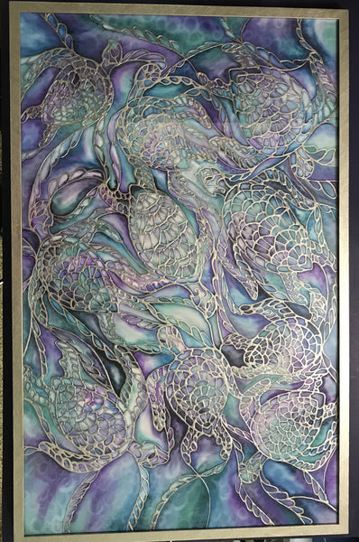 Blue Grey Turtles Original Silk Painting - blue turquoises  green Original Art