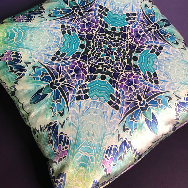 Pretty And Cool Mint Green Blue Purple Teal Velvet Cushions - Dramatic Butterfly Kaleidoscope Design Luxury Velvet Cushions