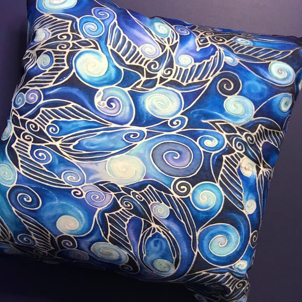 Swallows cushion - printed onto suedette fabric - blue navy and prussian blue colours