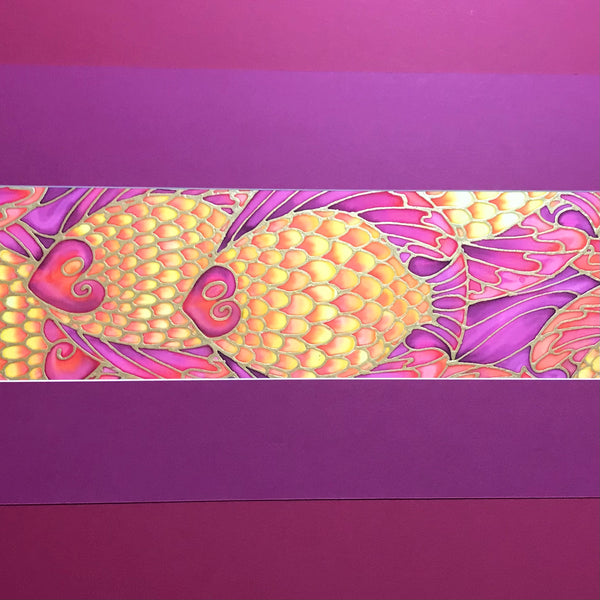 Vibrant Tropical Fish Original Silk Painting - Bold Pink Orange Gold Hand-Painted Silk Art