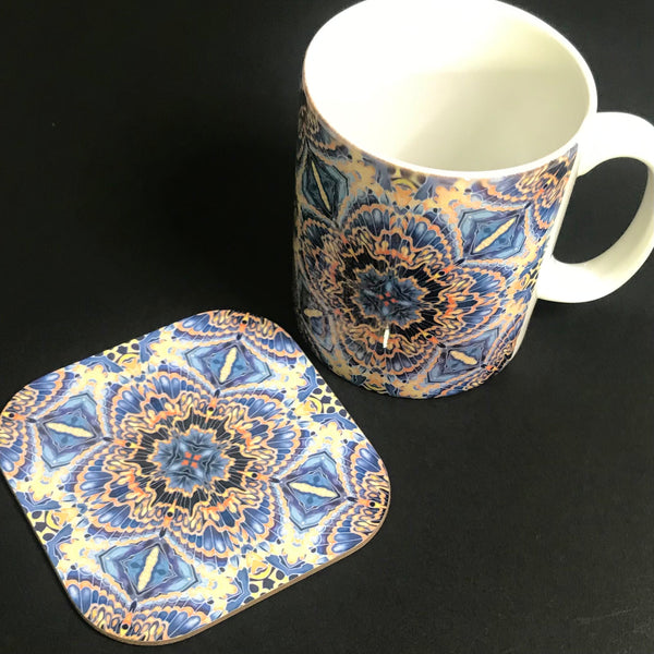 Gorgeous Orange Grey Blue Kaleidoscope Mug and Coaster box set only - Contemporary Mug Set - Grey Blue Orange Mug Gift