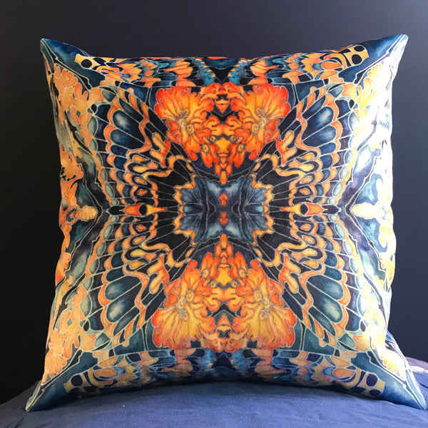 Contemporary Grey Blue Orange Velvet Cushions - Dramatic Moth Design Luxury Velvet Cushions