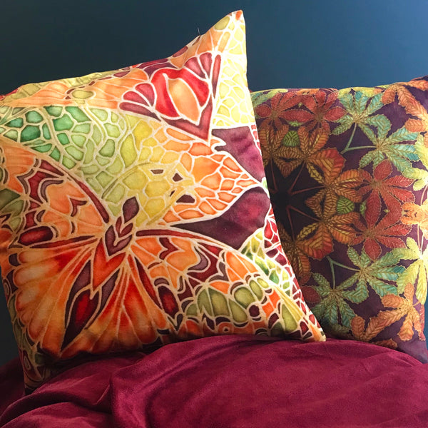 Terracotta Caramel and Moss Green Luxurious Velvet Butterfly Cushion - Green Rust Butterflies pillow