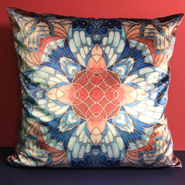 Kaleidoscope Blue Rust Butterfly Velvet Cushion - Luxury Velvet Throw Pillow - Bold pattern butterfly pillow