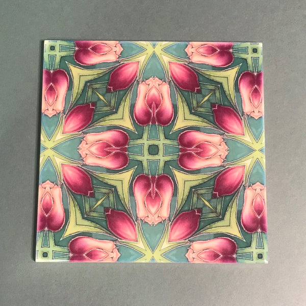 Nouveau Rich Pink Tulips Tiles. Arts and Crafts look Bathroom Tiles or Kitchen Tiles